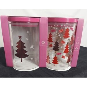 Gourmet Kitchen Round Glass Canisters 2PK Pink Lids Christmas Tree Snowflake 1L